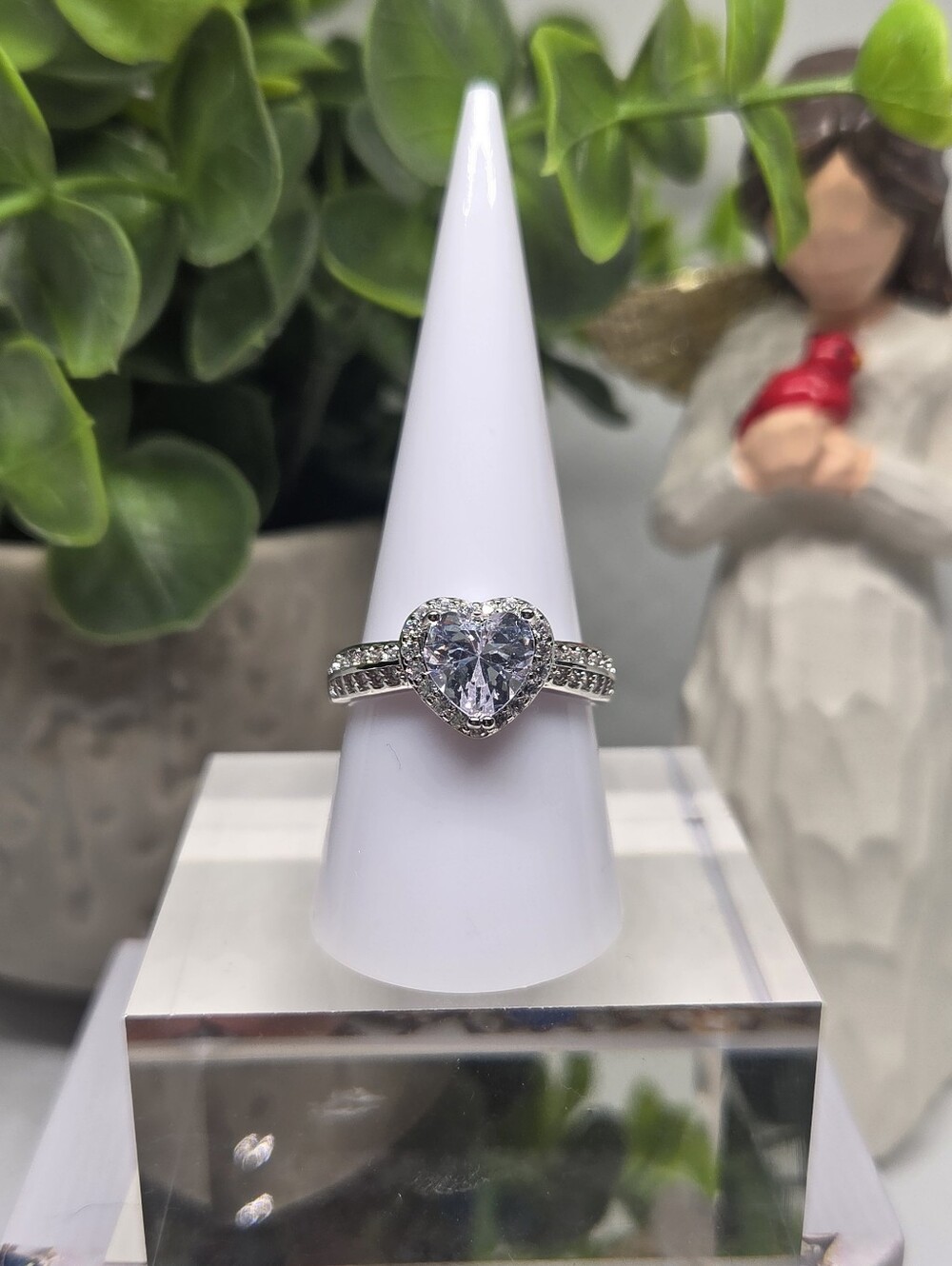 Heart-Shaped Clear CZ Ring with Silver Pavé Band